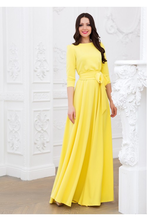 Желтое вечернее платье в пол с рукавами Ornatura